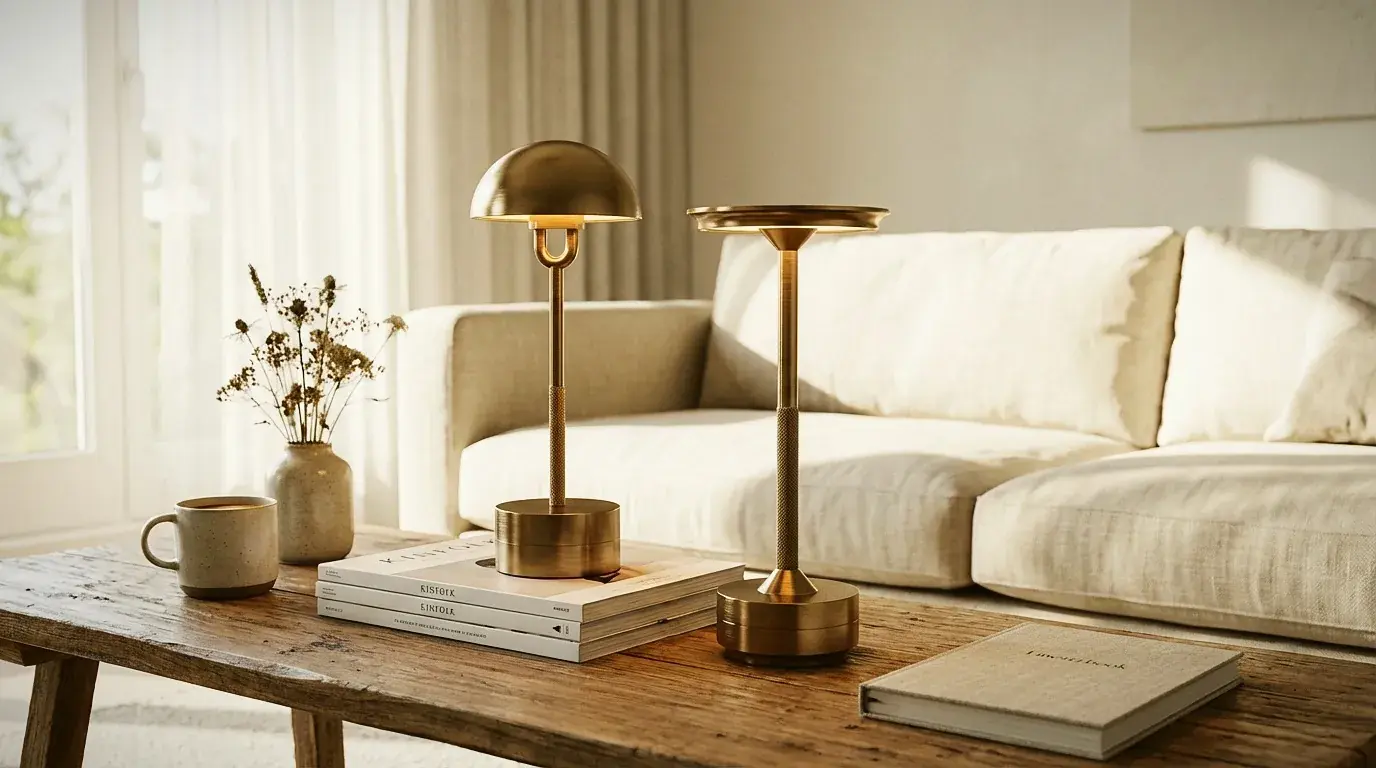 Collection of cordless rechargeable table lamps on a dining table