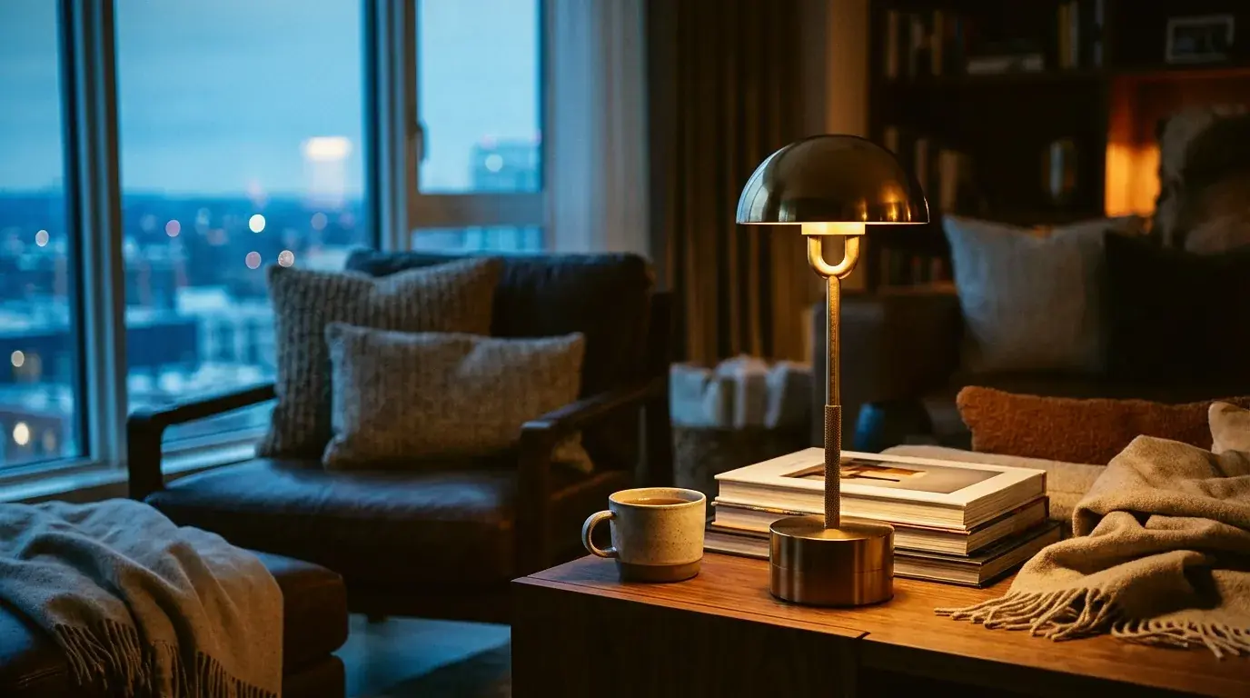 Modern living room with cordless table lamps creating warm ambient lighting